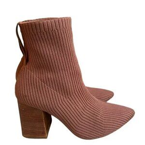 Steven New York Nichol Knit Bootie Ribbed Sock Boot Pull On Block Heel Chocolate